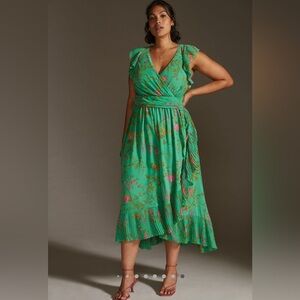 By Anthropologie A+ Ruffle-Sleeve Floral-Wrap Midi Dress